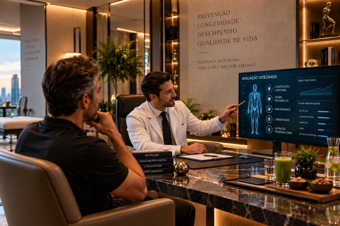 Médico apresentando uma avaliação corporal em tela para um paciente, em consultório amplo.