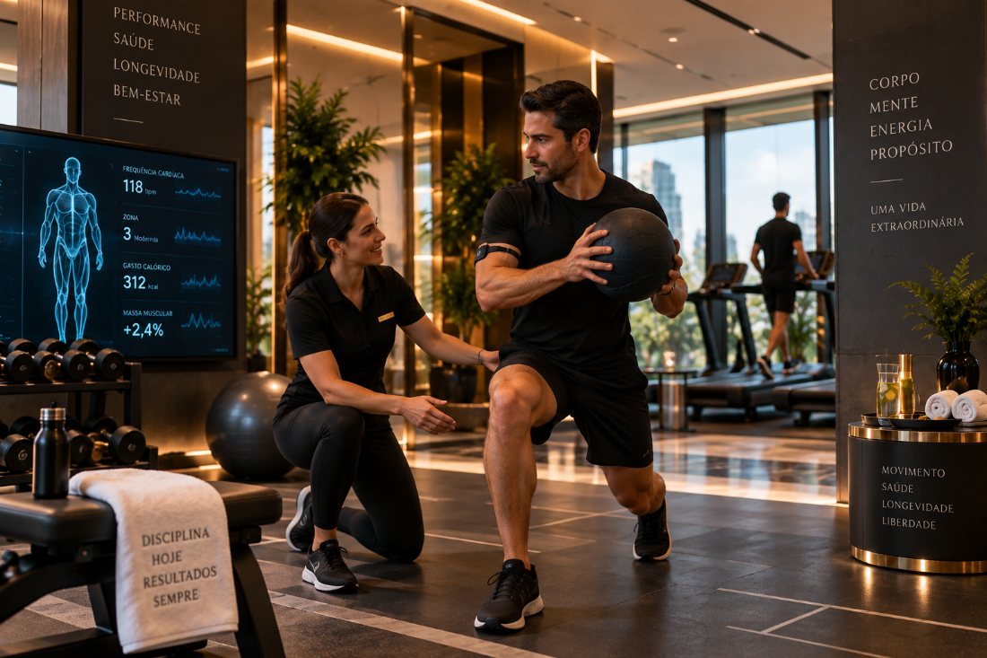 Profissional acompanhando um exercício em sala de performance com painel de métricas.