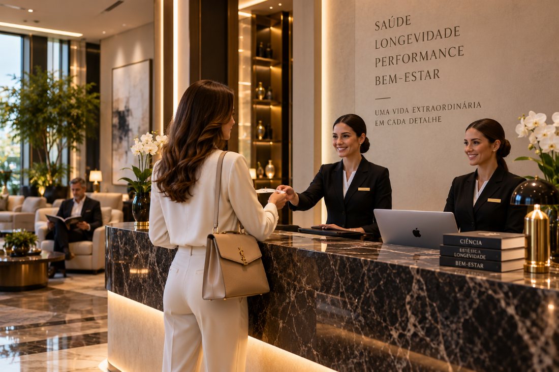 Recepção ampla, com atendentes cumprimentando uma paciente sobre bancada de mármore.