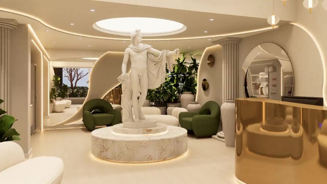 Lobby de pé-direito alto, com iluminação embutida em sanca contínua, poltronas verdes e uma escultura clássica sobre base circular de mármore.