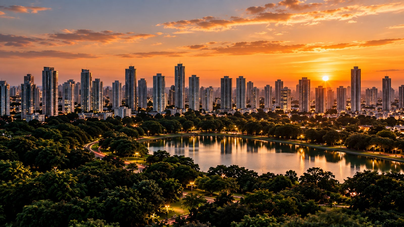 Vista aérea de Goiânia ao entardecer, com o parque, o lago e o skyline ao fundo.