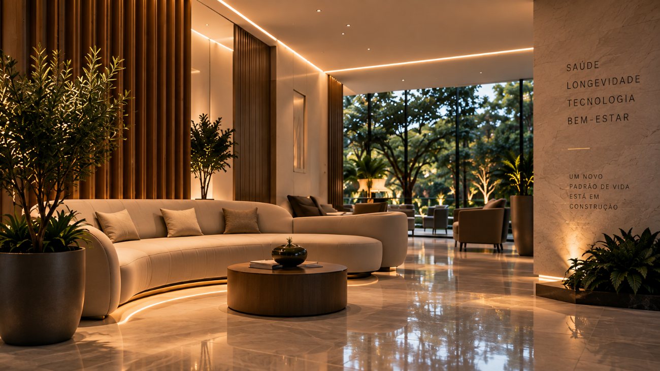 Lounge de pé-direito alto, com sofá curvo, vegetação e janelas voltadas para o verde.