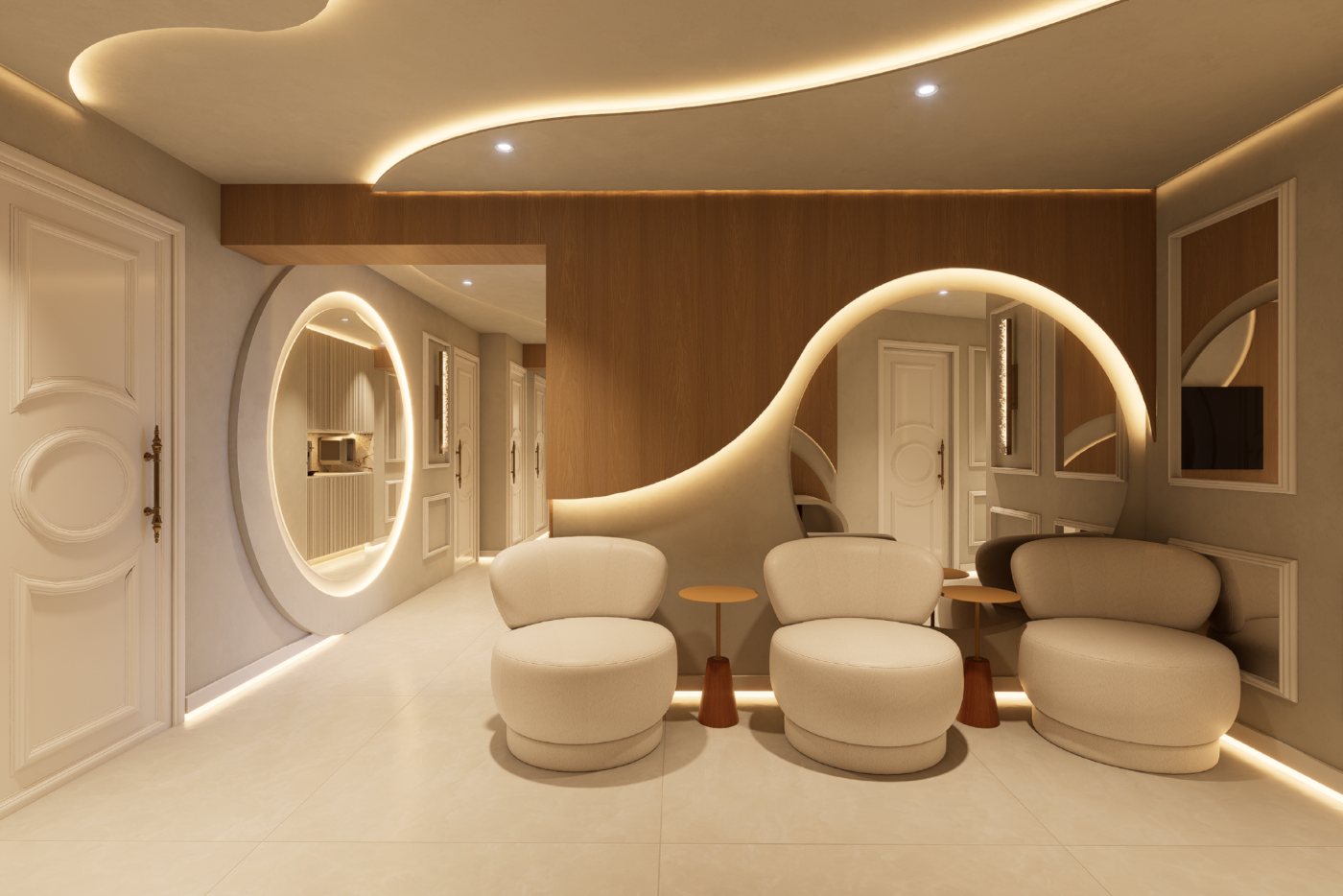 Sala de espera com poltronas claras, forro iluminado e espelho oval.