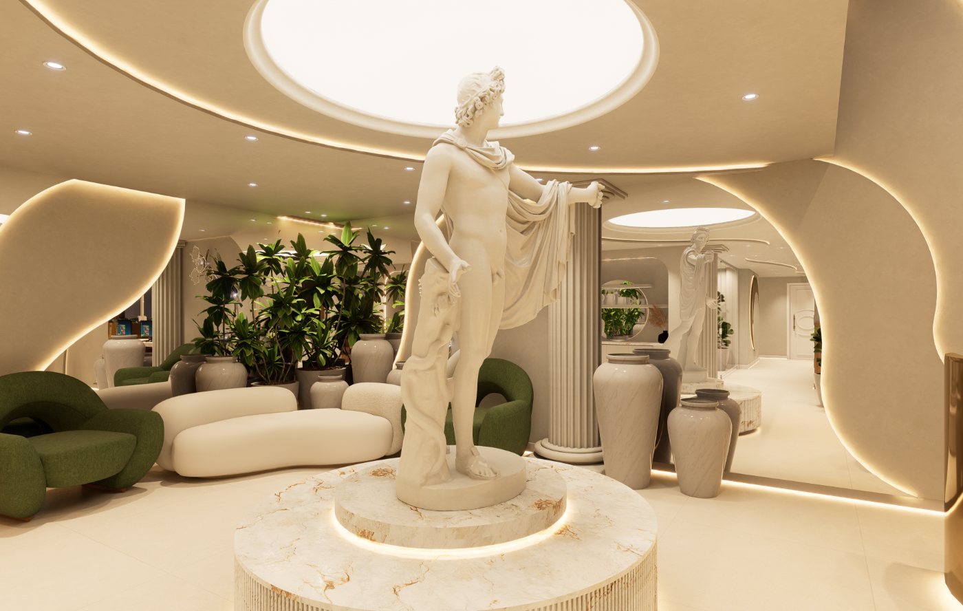 Lobby de pé-direito alto, com colunas, vegetação e escultura central.