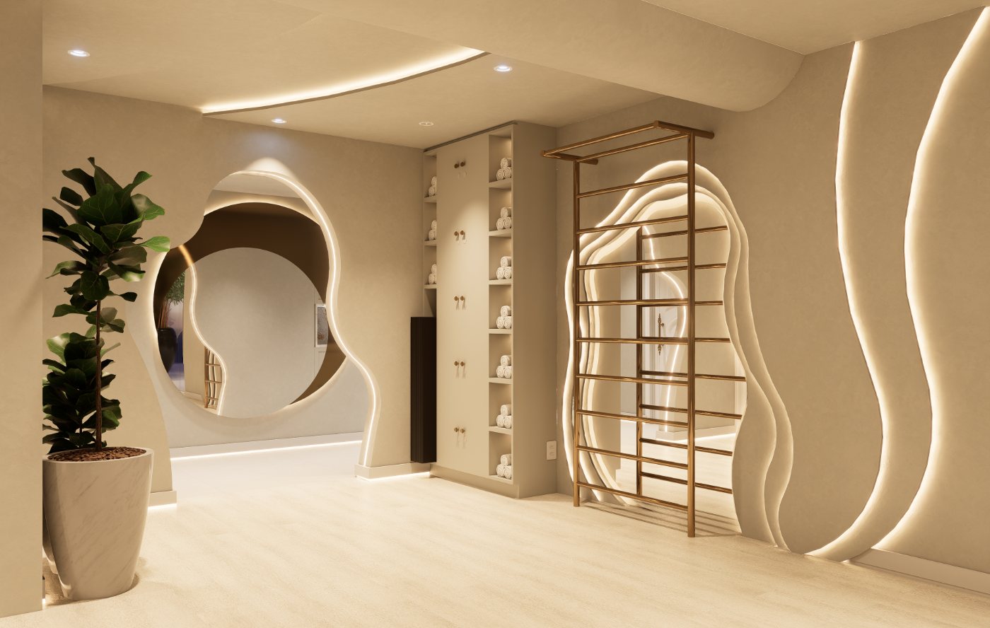 Sala de treino com arco orgânico iluminado e estrutura de madeira clara.