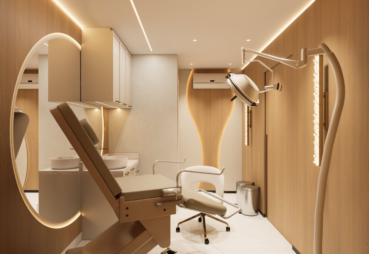 Sala de procedimento com maca reclinável, luminária articulada e marcenaria clara.