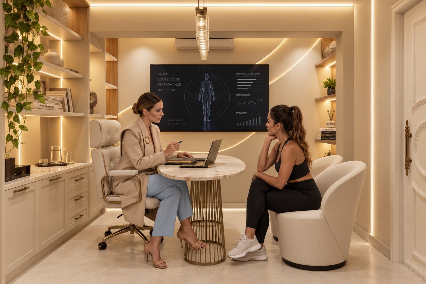 Médica e paciente diante de uma tela com a leitura integrada do corpo, em consultório claro.
